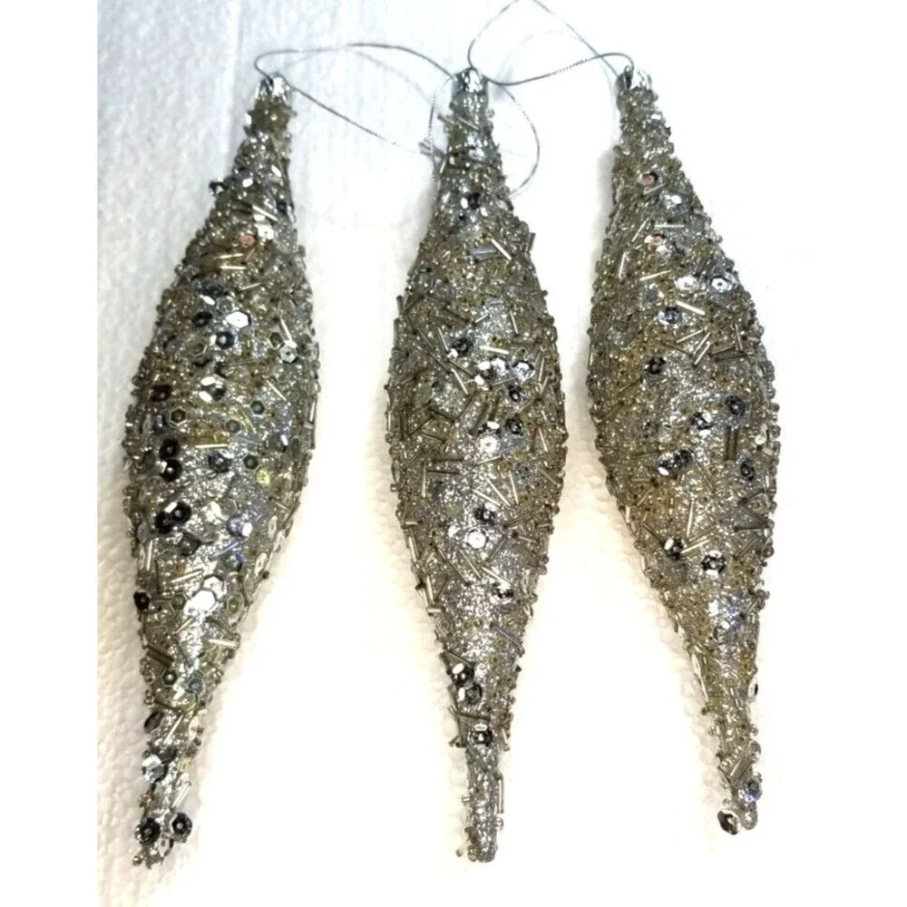 Embellished Silver Ornaments Hanging Icicle Teardrop Sequin Beaded Glitter 3 Set